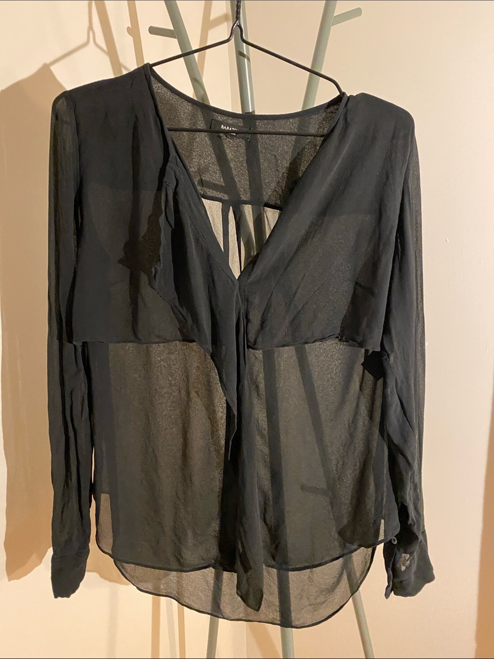Babaton Black Sheer V-Neck Long Sleeve Blouse